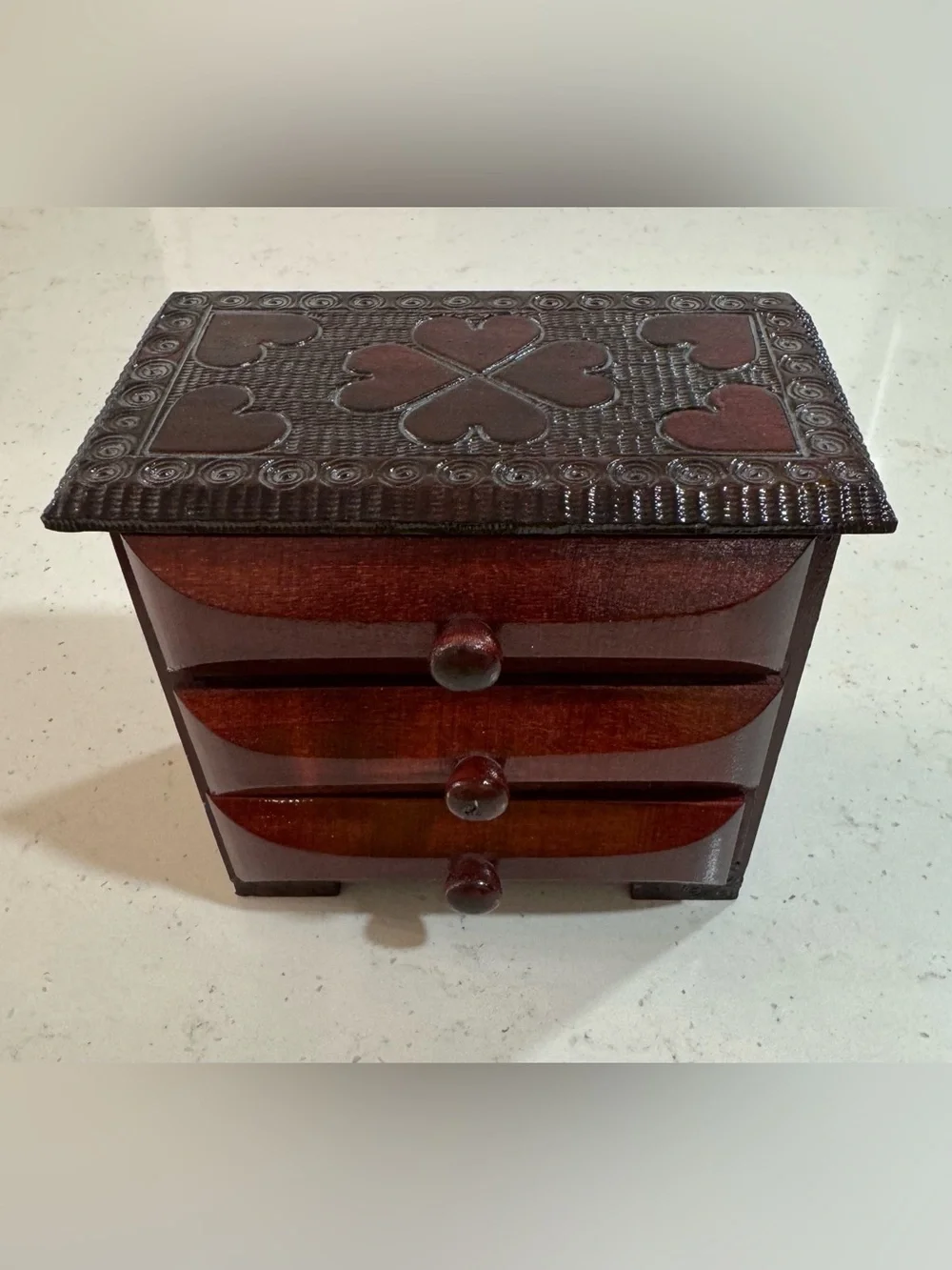 Miniature Wooden 3 Drawer Jewelry Box Heart Design